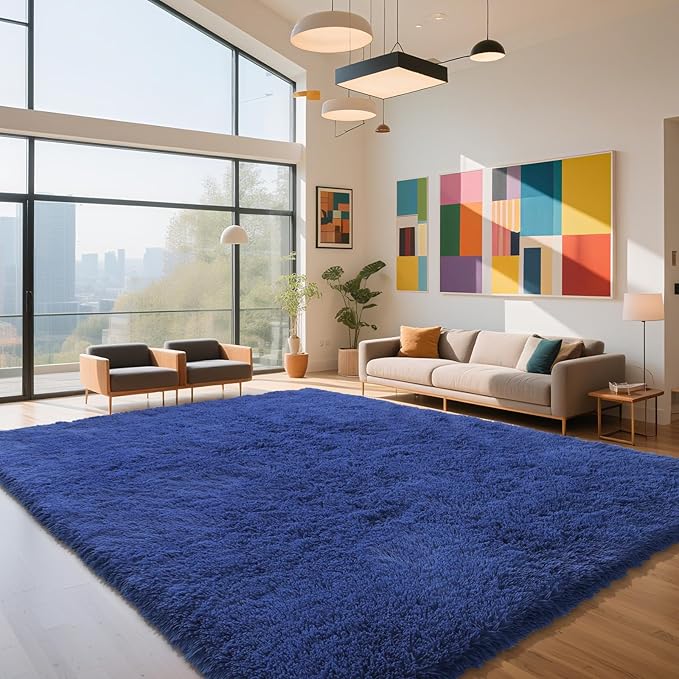Blue Fluffy Rug Shaggy Area Rug, 9x12 Area Rugs for Girls Bedroom, Big Soft Shaggy Bedside Non-Slip Plush Dorm Nursery Kids Carpet Home Decor Aesthetic