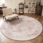 AMOAMI 6FT Round Vintage Soft Pink Rug - Non Slip Circle Machine Washable Rug for Living Room, Bedroom, Office Under Table