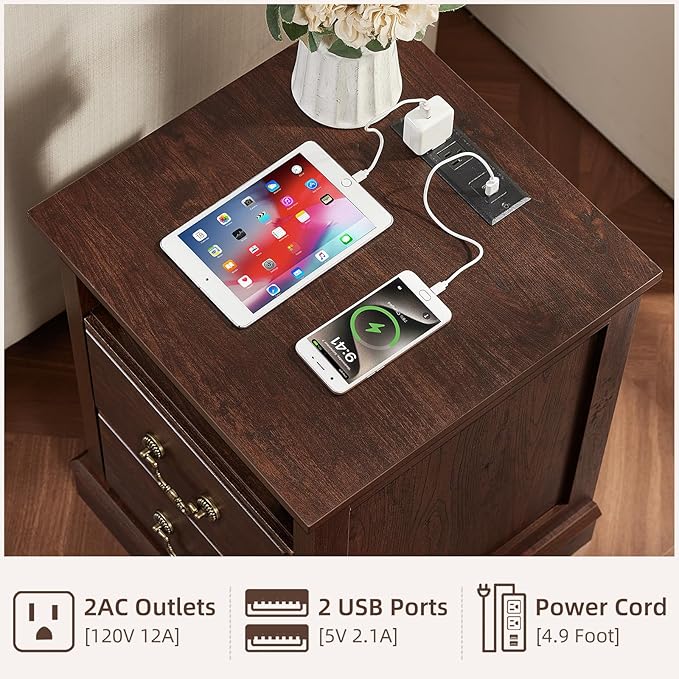 2PCS Farmhouse Nightstands with Charging Station，18" End Table with 2 Drawers，Farmhouse Nightstand with Vintage Handles, Bedside Cabinet for Bedroom for Bedroom, Living Room,Walnut