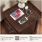 Farmhouse Nightstands with Charging Station，18" End Table with 2 Drawers，Farmhouse Nightstand with Vintage Handles, Bedside Cabinet for Bedroom for Bedroom, Living Room,Walnut