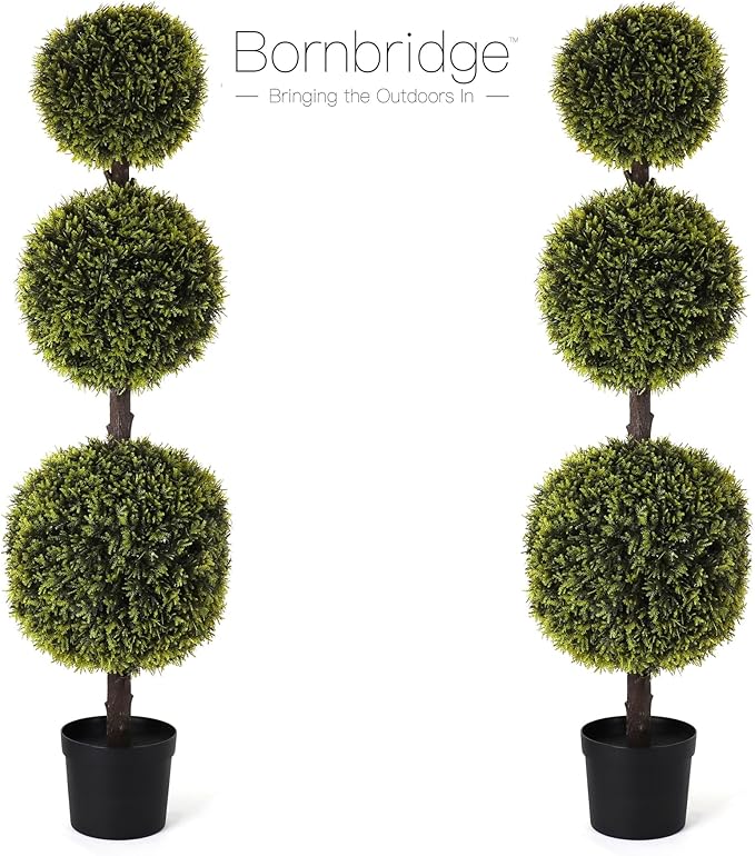 Bornbridge Artificial Yellow Cypress Topiary Ball Tree - Yellow Cypress 4' Ball Tree - Indoor/Outdoor Topiary Trees - Artificial Outdoor Plants - Lifelike Plant (2 Pack)