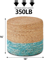 Wimarsbon 18'' Ottoman Pouf, Natural Braided Poof, Rustic Handweave Lounge Pouffe, Boho Footrest Stool for Bedroom, Accent Table for Living Room (Natural Water Hyacinth + Lake Blue Corn Husk)