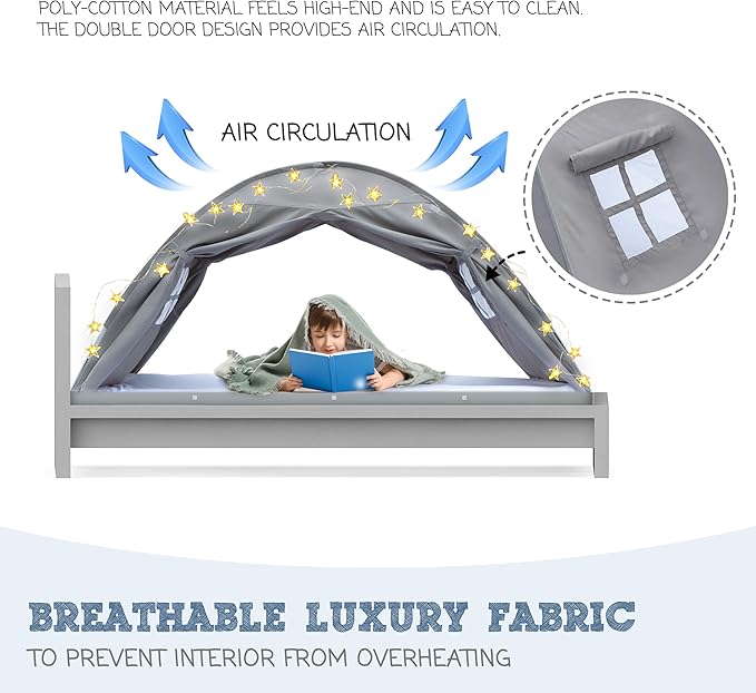 Gray Full Bed Tent for Kids Indoor Fort - Magical Dream Tents for Boys Pop Up Toddler Bed Canopy for Girls Bunk Bed Tent for Top Bunk - Sensory Sleep Pod for Kids Educational