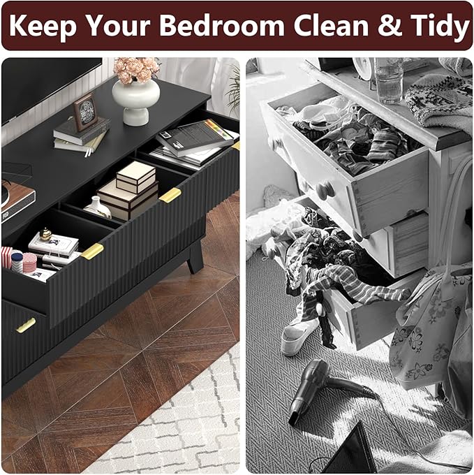 Fluted Black Dresser for Bedroom,9 Drawer Dresser for Closet,57" Wide Storage Cabinet and Chest of Drawers with Gold Handle,TV Stand,Storage Organizer for Living Room,Hallway,Entryway