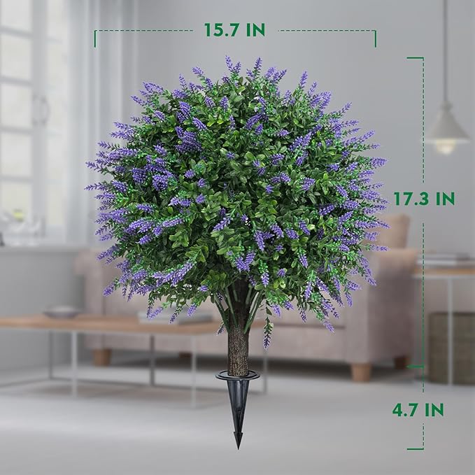 Set of 2 Artificial Lavender Boxwood Topiary Ball Bush for Outdoor with Ground Spike 22", UV Resistant Faux Greenery Shrubs, Fake Boxwood Plants for Indoor, Garden, Yard, Porch, Patio Decor
