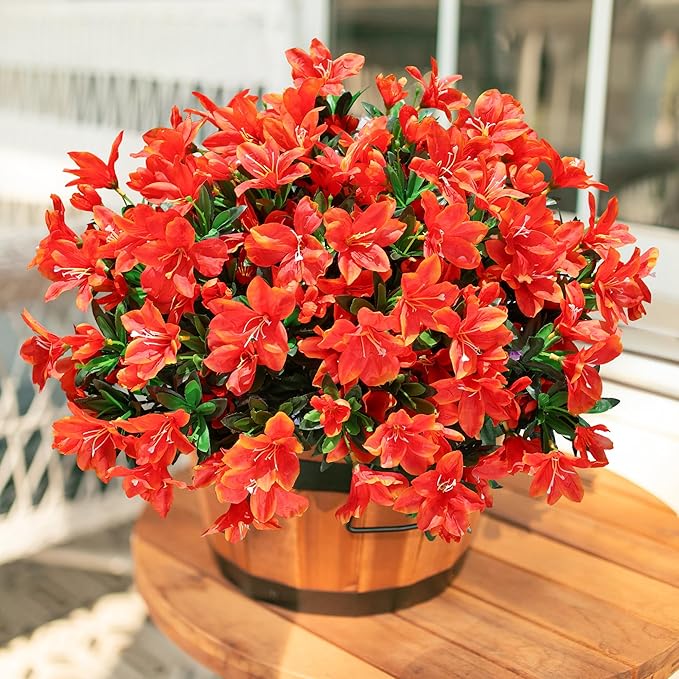 INSPRING Artificial Fall Flowers for Outdoors Decoration, 3 Bundles Fake Silk Azalea Flower Plants Outside UV Resistant Realistic Faux Flowers for Planters Porch Patio Garden Walkways Home, Orange