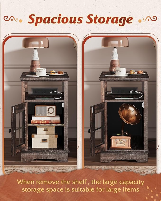 WLIVE Farmhouse End Table with Charging Station, Narrow Side Table for Living Room, Night Stand with Storage , Small Wooden Cabinet with USB Ports and Outlets for Bedroom, 23.62"D x 13.98"W x 23.7"H