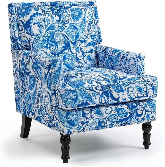 Accent Chair, Modern Comfy Mid-Century Anthropologie Accent Chairs, Linen Upholstered Wingback Lounge Arm Chair with Solid Wood,Single Floral Pattern Chair for Living Room/Balcony/Bedroom