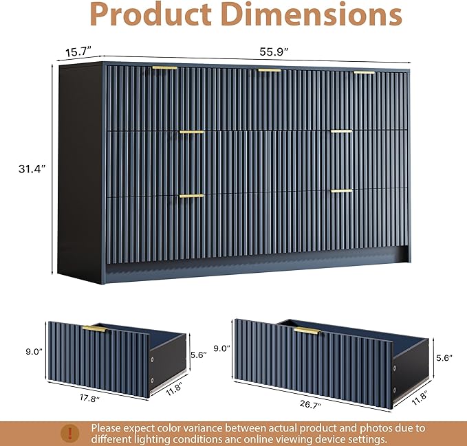 7 Drawer Dresser for Bedroom, Modern Fluted Dresser with Gold Metal Handles, Wide Chest of Drawers for Bedroom, Living Room, Entryway, Hallway, 55.9" L x 15.7" D x 31.4" H, Navy Blue