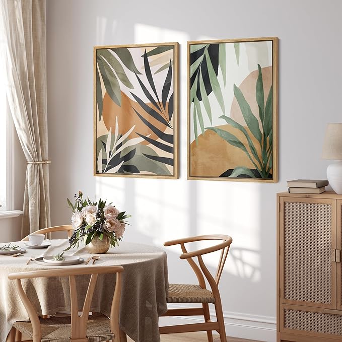 SIGNFORD Framed Canvas Print Wall Art Set Tropical Island Palm Leaf Geometric Collage Abstract Nature Illustrations Modern Art Decorative Minimalist Floral Botanical for Bedroom - 16"x24"x2 Natural