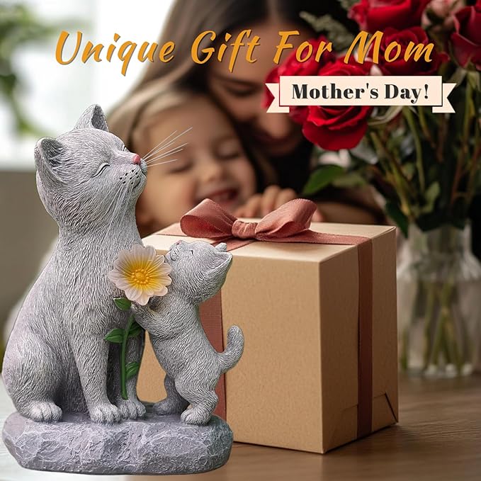 Solar Cat Garden Statue Outdoor Decor - Mother & Kitten Figurines with Flower LED Light, Outside Yard Art Patio Balcony Lawn Ornament, Unique Gifts for Cat Lover