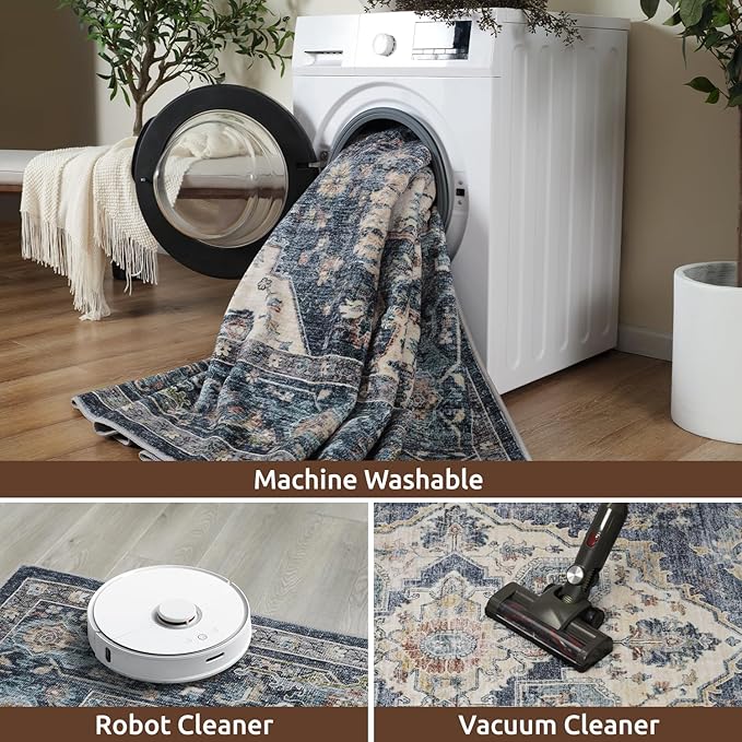 AMOAMI-6FT Round Rug-Rugs for Living Room-Vintage Soft Blue Rugs for Bedroom-Non Slip Circle Rug-Machine Washable Rug for Dining Room Living Room Bedroom Office Under Table