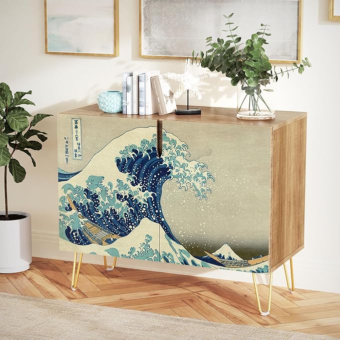 SIGNWIN Sideboard Buffet Cabinet, Kitchen Storage Cabinet with 2 Doors, Japanese Great Wave Off Kanagawa Vintage, Cupboard Console Table for Dining Room - 35" L x 18" W x 29" H