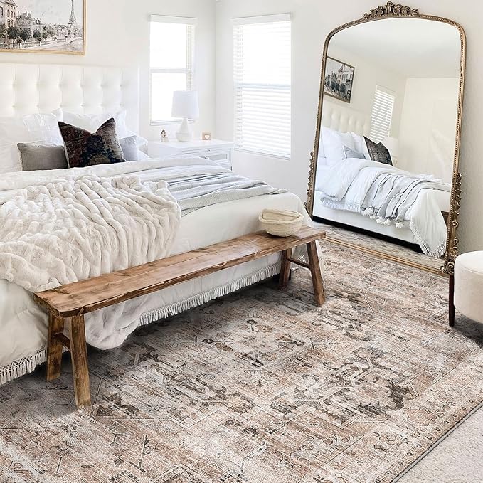 GENIMO 8x10 Area Rugs for Living Room, Machine Washable Non Slip Vintage Rugs, Low Pile Lightweight Chenille Print Rug for Bedroom, Dining Room, Home Office, Brownish Drab