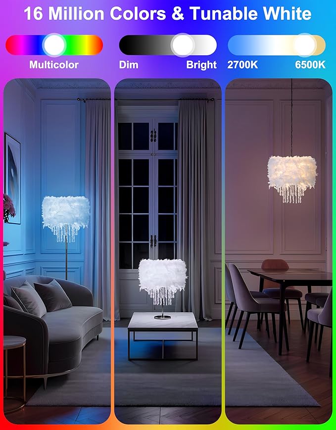 Star Vision Feather Lamp with Smart Light Bulb, Bluetooth Speaker & APP Control, Dimmable RGB LED Light, Acrylic Crystal Droplets, 15.7inches, White