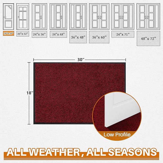 Mibao Front Door Mat, Dirt Trapper Welcome Mat for Outdoor Indoor, Non-Slip Waterproof Doormat, Durable Machine Washable Low Profile Entry Rug for Back Door Outside Patio Porch, 30" x 18", Red