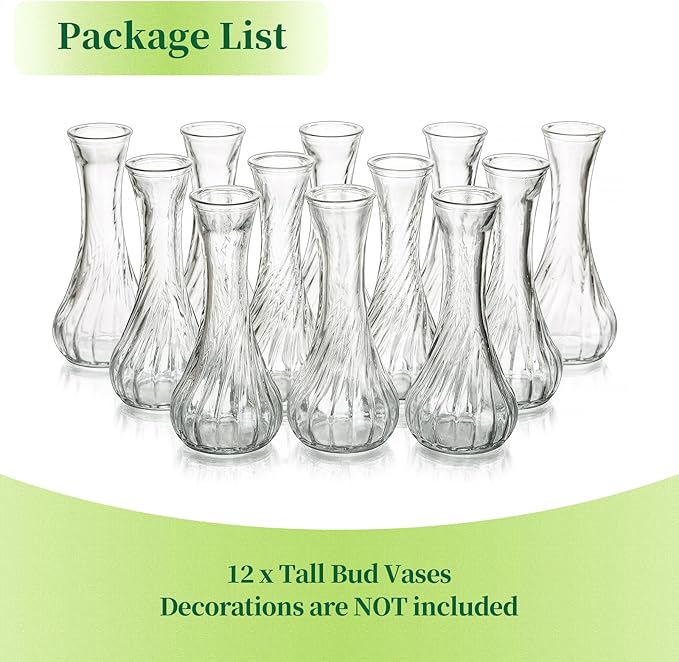 Glass Bud Vase Set of 12 - Hewory Small Vases for Flowers, Clear Bud Vases in Bulk, Cute Glass Vases for Centerpieces, Mini Floral Vase for Wedding, Events, Home Decor, Table Centerpiece