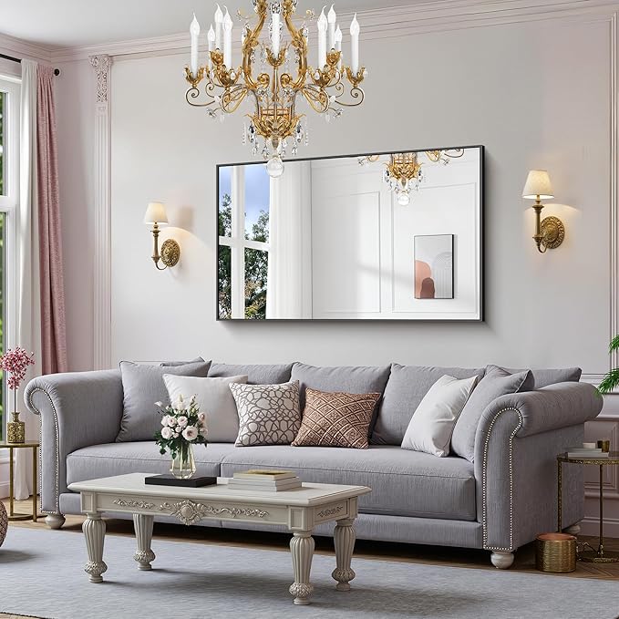 YIROMAN Bathroom Mirror 50"x30", Large Matte Black Bathroom Mirror for Over Sink with Aluminum Frame, Rectangular Vanity Mirror with Right Angle, Wall Mirror Hangs Horizontal or Vertical, Shatterproof