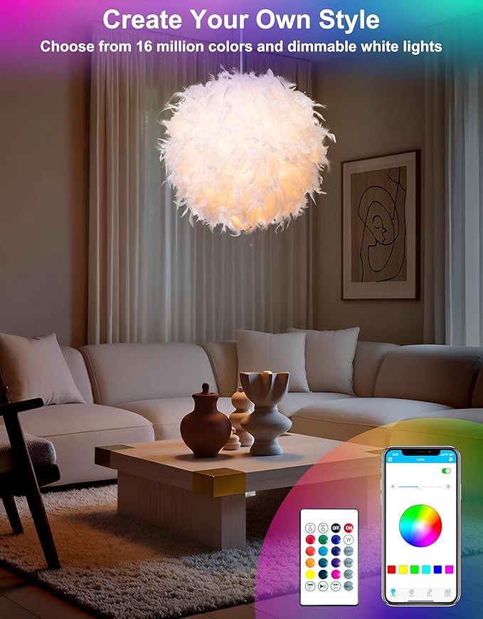Star Vision Feather Lamp with Smart Light Bulb, Bluetooth Speaker & APP Control, Dimmable RGB LED Light,19.7inches, White