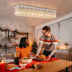 Siljoy Modern Crystal Chandelier 8-Lights Rectangular Flush Mount Pendant Ceiling Light Fixture Rectangle K9 Crystal Raindrop Chandelier for Dining Living Room Kitchen Island L40'' x W10'' x H10'