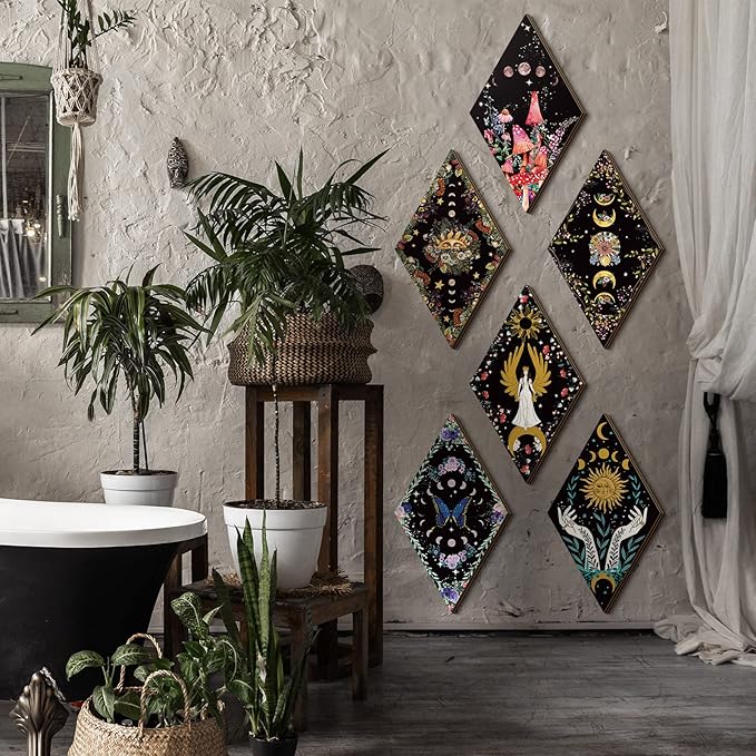 Qunclay 6 Pcs Rustic Boho Wall Decor Gothic Wall Art Witchy Phases Moon Sun Home Decor Wooden Farmhouse Hanging Halloween Christmas Decoration(Classic Style)