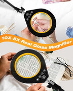 Magnifying Glass with Light, 10X & 5X Real Glass & Anti-Glare Lens, 5 Color Mode Stepless Dimmable LED Desk Magnifying Lamp, Hands-Free Desk Lamp with Clamp for Crafts Reading Repair Hobby (Yellow)