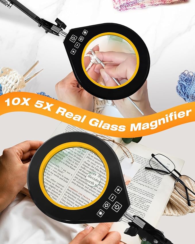 Magnifying Glass with Light, 10X & 5X Real Glass & Anti-Glare Lens, 5 Color Mode Stepless Dimmable LED Desk Magnifying Lamp, Hands-Free Desk Lamp with Clamp for Crafts Reading Repair Hobby (Yellow)