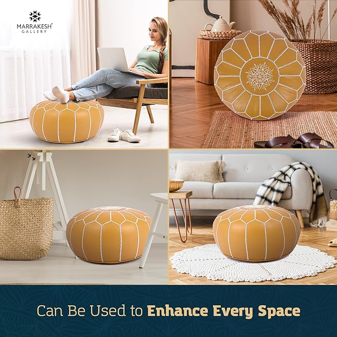 Marrakesh Gallery Genuine Leather Round Pouf Unstuffed - Moroccan Ottoman Footstool, Footrest Cover - Boho Decor - Bohemian Living Room, Bedroom, Kids Room, Gift & Wedding