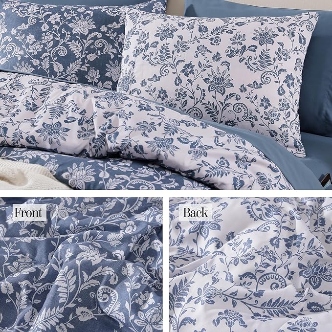 Queen Comforter Set -7 Pieces Floral Oxford Blue Comforter Set for All Seasons, Bed in a Bag Queen with Botanical Flowers Comforter, Sheets, Pillowcases & Shams