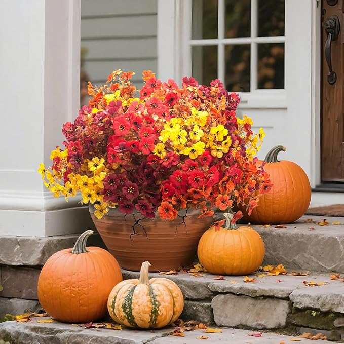 20 Bundles UV Resistant Artificial Fall Flowers for Outdoor - No Maintenance Thanksgiving Decor with Orange Blooms, Faux Silk & Plastic Plants for Porch, Yard (Fall Coffee Mix)