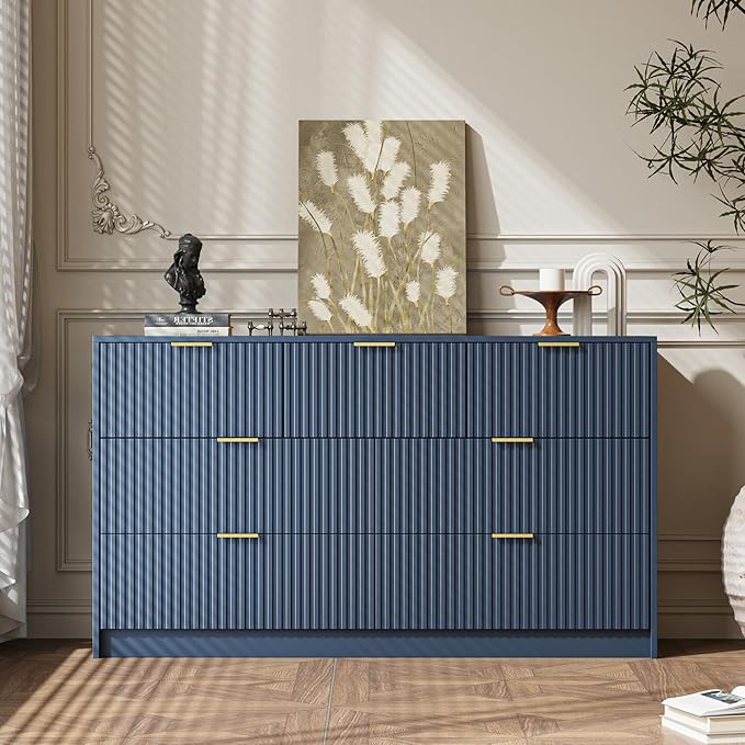 7 Drawer Dresser for Bedroom, Modern Fluted Dresser with Gold Metal Handles, Wide Chest of Drawers for Bedroom, Living Room, Entryway, Hallway, 55.9" L x 15.7" D x 31.4" H, Navy Blue
