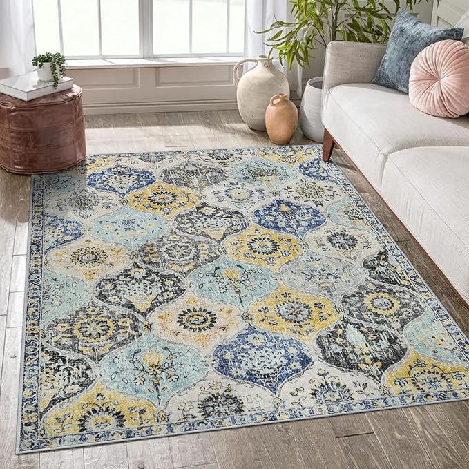 Lahome Moroccan Trellis Washable Small Area Rug, 3x5 Area Rug for Bedroom Living Room, Non-Slip Oriental Accent Throw Carpet for Kitchen Office Entryway Bathroom Office, Yellow/Aqua