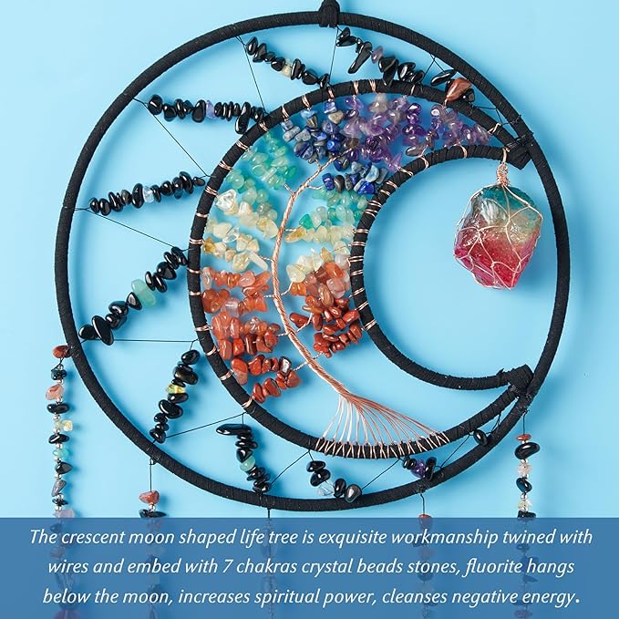 7 Chakras Black Dream Catchers Tree of Life Dream Catcher Rainbow Feather Dreamcatcher Wall Decor with Healing Crystal & Fluorite Wall Art Hanging for Bedroom Home Decor Bless Gift Wedding Garden