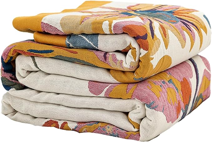 Boho Throw Blanket for Bed 60”x80”, 100% Cotton Woven Blanket for Couch Sofa, Ultra Soft 4-Layer Muslin Quilt with Floral Printed, Farmhouse Bed Blanket/Cover for Living Room Decor
