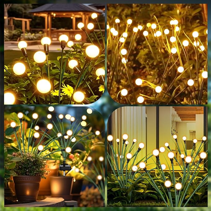 luckystyle Solar Garden Lights 4 Pack,2 Lighting Modes Fairy Lights with Artificial Green Leaves & Branches,32 LED Big Bulb Solar Lights Outdoor Waterproof Firefly Light for Yard Pathway Patio Decor