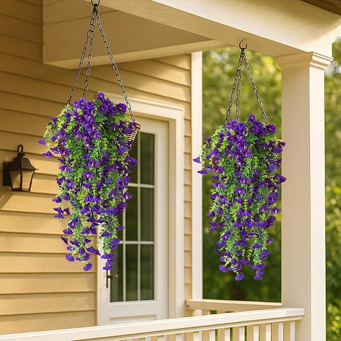Artificial Hanging Flowers – 4 Pack UV Resistant Fake Morning Glory Vine Faux Plants for Porch, Patio, Balcony, Garden, Indoor & Outdoor Decor (Purple)