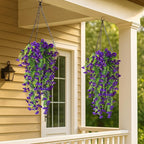 Artificial Hanging Flowers – 4 Pack UV Resistant Fake Morning Glory Vine Faux Plants for Porch, Patio, Balcony, Garden, Indoor & Outdoor Decor (Purple)