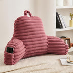Faux Fur Fluffy Dusty Rose Reading Pillow with Pockets, Luxury Striped Plush Decorative, Arm Rests and Back Surport for Bed Rest, Lounging on sofa, Standard