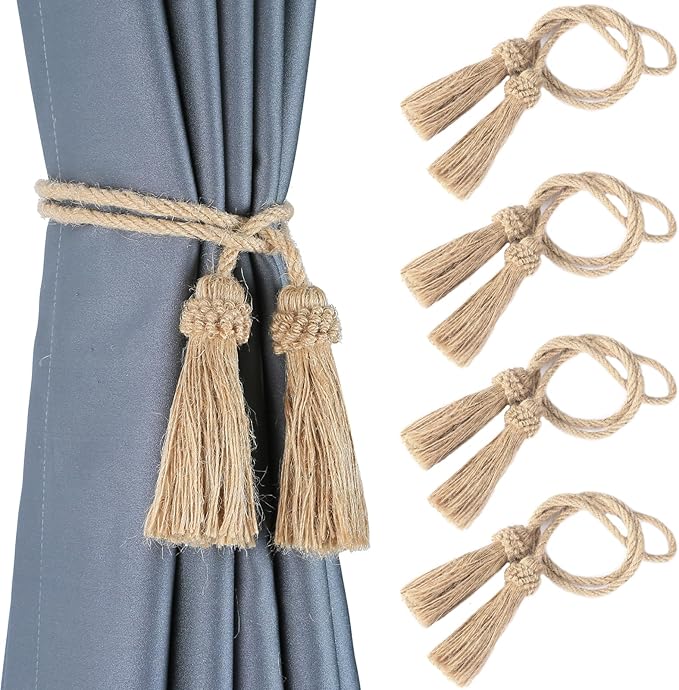 Fenghuangwu Curtain Tiebacks Handmade Decorative Curtain Holdbacks Rope with Tassel (Jute, 4P)