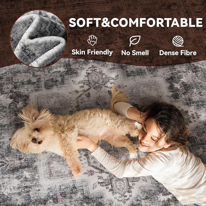 Washable Rugs for Living Room 5x7 Area Rug Soft Living Room Rug Carpet-Rugs for Bedroom Vintage Oriental Floral Dining Room Non Slip Grey