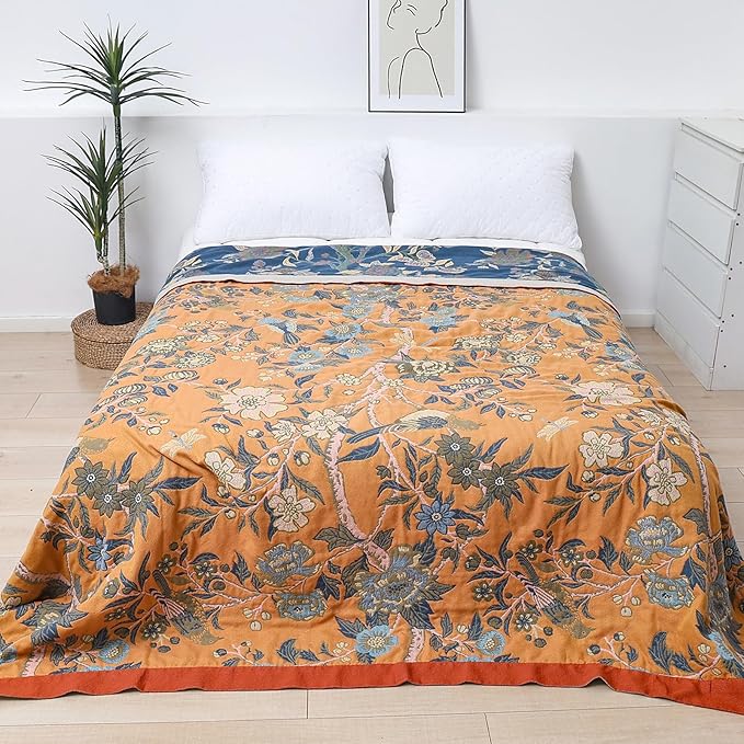 Snycler Boho Throw Blanket for Bed - 100% Cotton Ultra Soft Rustic Quilt Blanket Orange Bird Floral Printed Farmhouse Decor Bed Blankets, 80"×90" All Season Rustic Throw for Sofa Couch Chair
