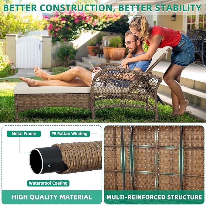 VIVIJASON 3 Pieces Outdoor Wicker Chaise Lounge Chair Set, All-Weather PE Rattan Cushioned Patio Lounger Set of 2 with Side Table, Adjustable Pool Sunbathing Recliner with Armrest & Pillow, Beige