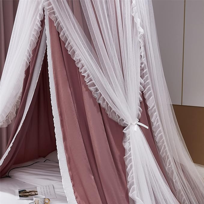 VETHIN Double Layer Princess Round Dome Canopy Bed Curtain for Girls Adults,Children Dreamy Mosquito Net,Cute Bedroom Decoration Castle Play Tent Reading Nook Canopies (Dome-Rust Red/White)