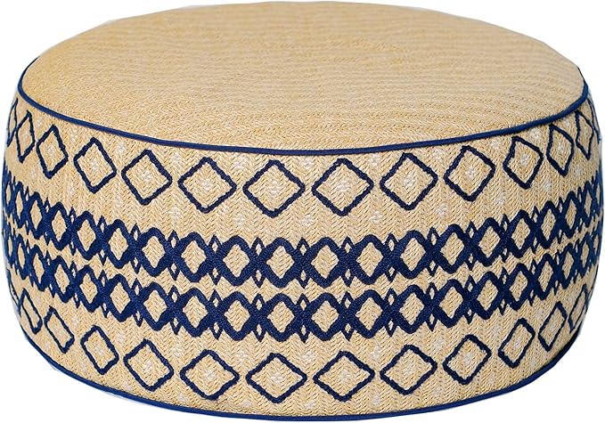 Outdoor Inflatable Ottoman with Air Pump, Embroidery Patio Footrest Stool D21”x H9”, Round Pouf Ottoman with Portable Handle Suitable for Garden, Camping, Bedroom, Living Room