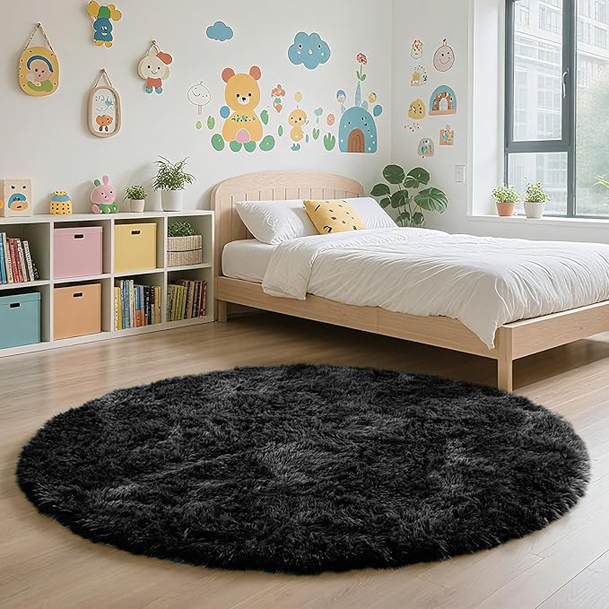 Black Fluffy Round Area Rugs for Living Room,6'X6'Shag Circle Area Rugs for Bedroom,Non Slip Fuzzy Plush Rug for Kids Room Boys Girls Room and Dorm Home Decor Rug