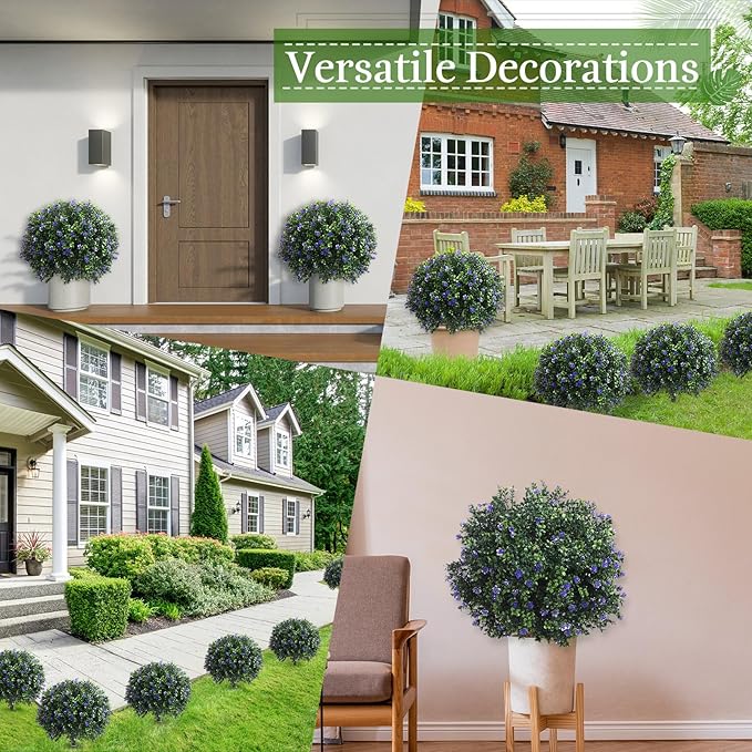 Yunlly Set of 2 Artificial Boxwood Topiary Ball Tree Fake Bushes Shrubs Outdoor Faux Plant with Ground Spike Flowers UV Resistance Greenery for Front Porch Garden Patio Indoor(Purple,27x18inch)