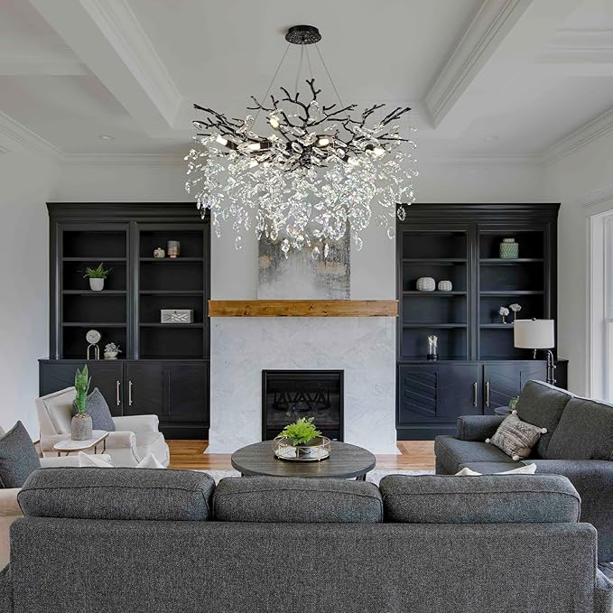 Modern Black Crystal Tree Branch Chandelier, 10-Light 30" Black K9 Crystal Chandeliers for Dining Room, Round Chandelier for Living Room,High Ceiling,Kitchen Island,Foyer,Staircase