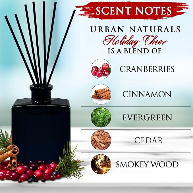 Urban Naturals Holiday Cheer Reed Diffuser Set – Cranberry, Cinnamon, Evergreen, Cedar & Smokey Wood – 5 Ounce Sleek Black Rectangular Refillable Glass Bottle – Made in The USA