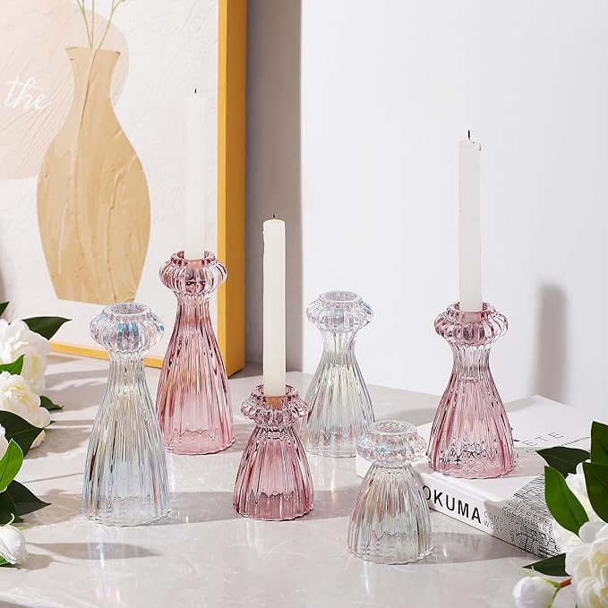 Lysenn Glass Candle Stick Holder Set of 3 – Premium Taper Candle Holders for Romantic Ambiance - Candle Sticks Holder Decor for Special Occasions - Pink
