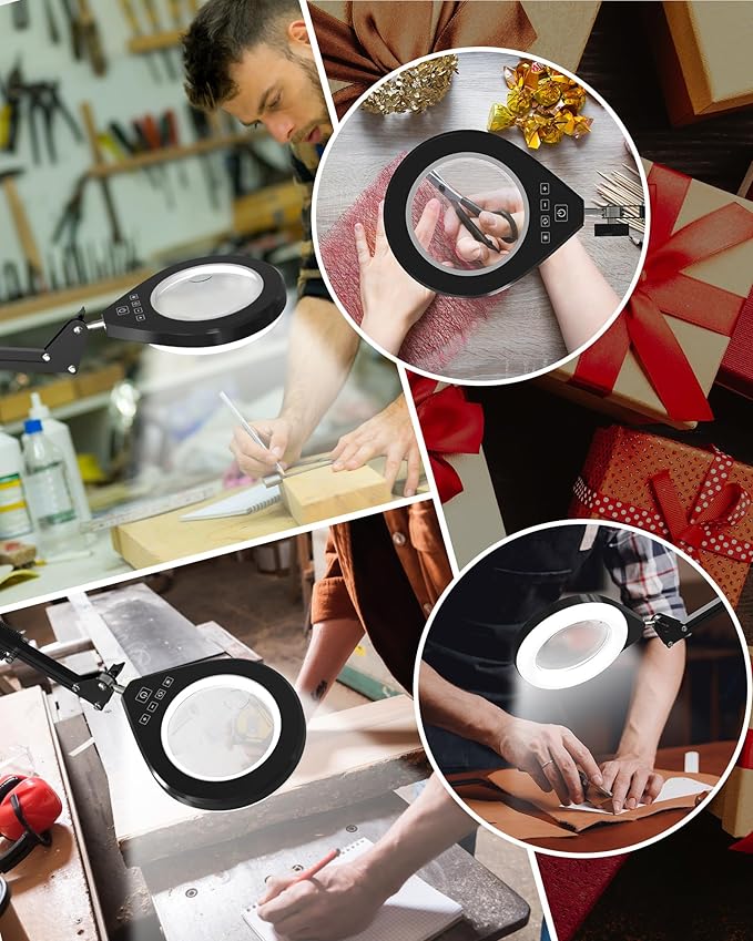 Magnifying Glass with Light, 10X & 5X Real Glass & Anti-Glare Lens, 5 Color Mode Stepless Dimmable LED Desk Magnifying Lamp, Hands-Free Desk Lamp with Clamp for Crafts Reading Repair Hobby (White)